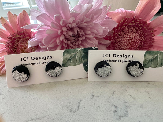 Black & Silver Button Stud Earrings